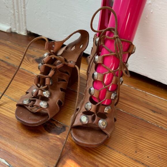 Strategia Vero Cuoio Italian Brown Leather Gladiator Block Heel Sandals Size 9.5 - Picture 3 of 8